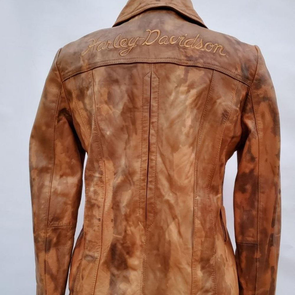 Harley Leather Motorcycle Jacket cowgirl brown tan black biker tiedyed 4 6 small - Picture 2 of 7